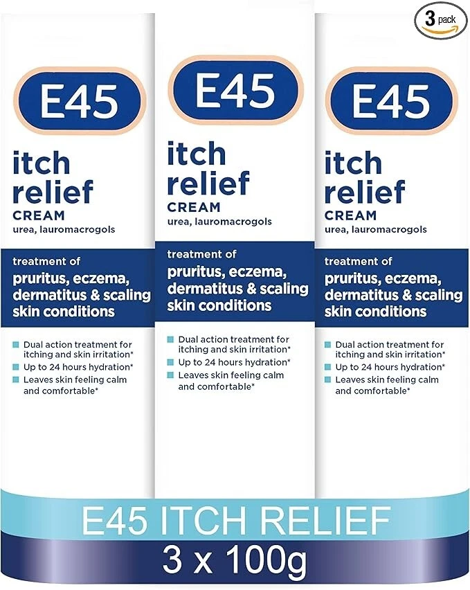 3x100g E45 Itchy Relief Cream Moisturiser Dry Sensitive Skin Eczema Dermatitis
