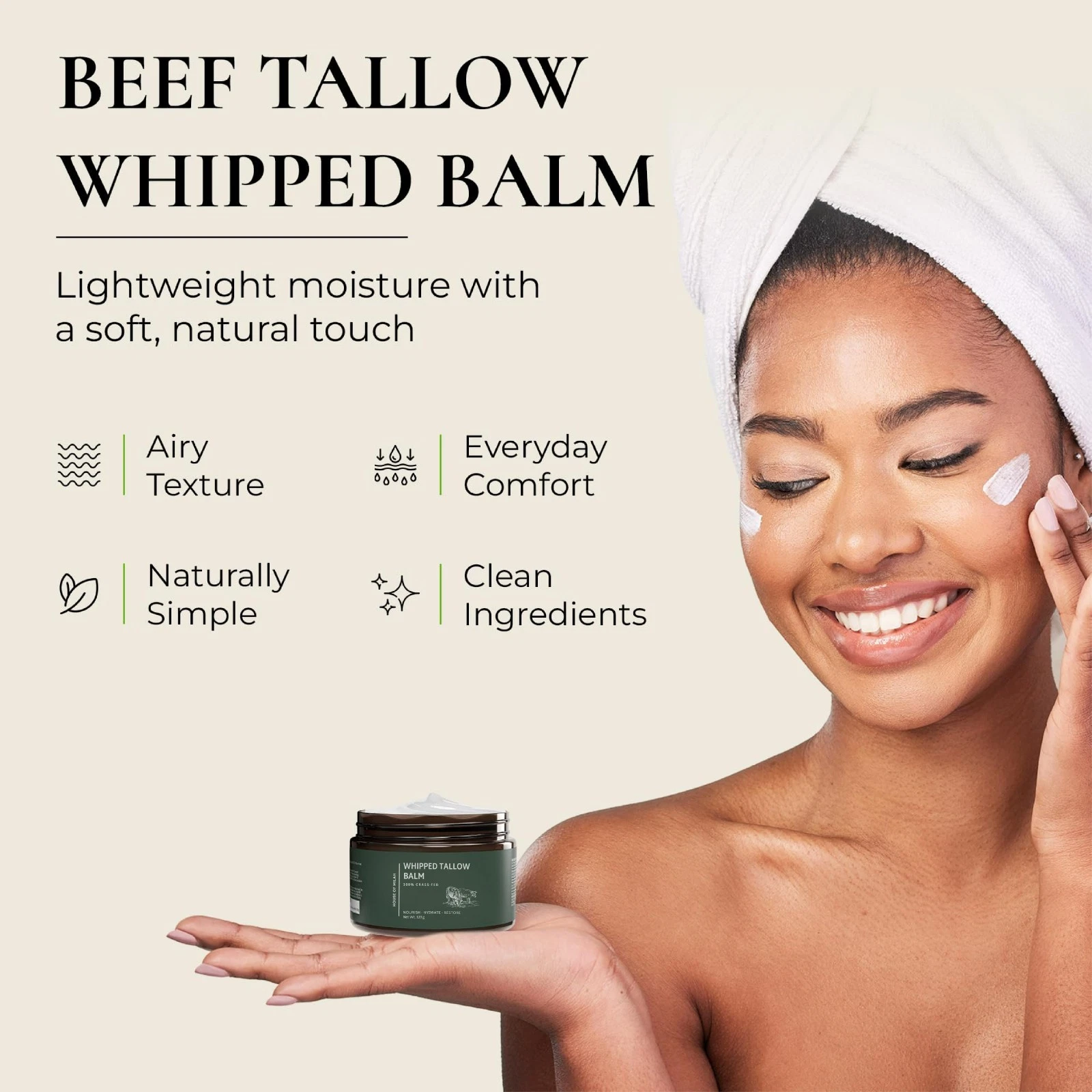 Whipped Beef Tallow Moisturizer: Grass-Fed Tallow Face Balm with Honey, Jojoba