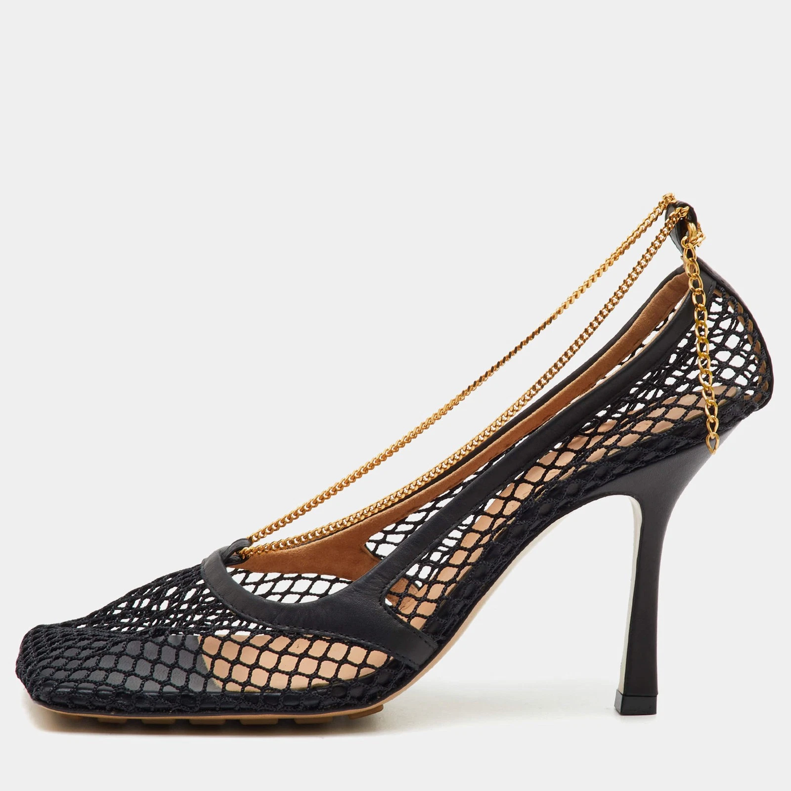 Bottega Veneta Stretch Size 39 Black Mesh and Leather Chain Pumps