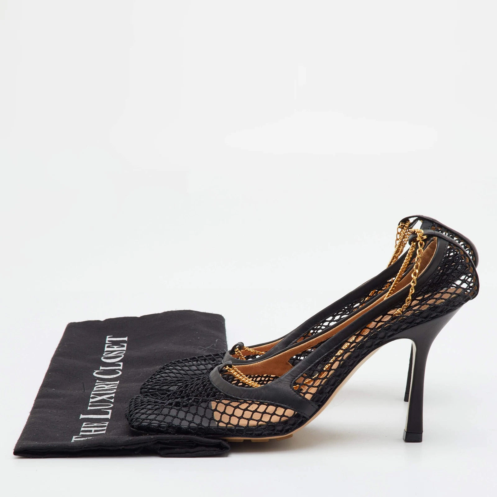 Bottega Veneta Stretch Size 39 Black Mesh and Leather Chain Pumps thumbnail 9
