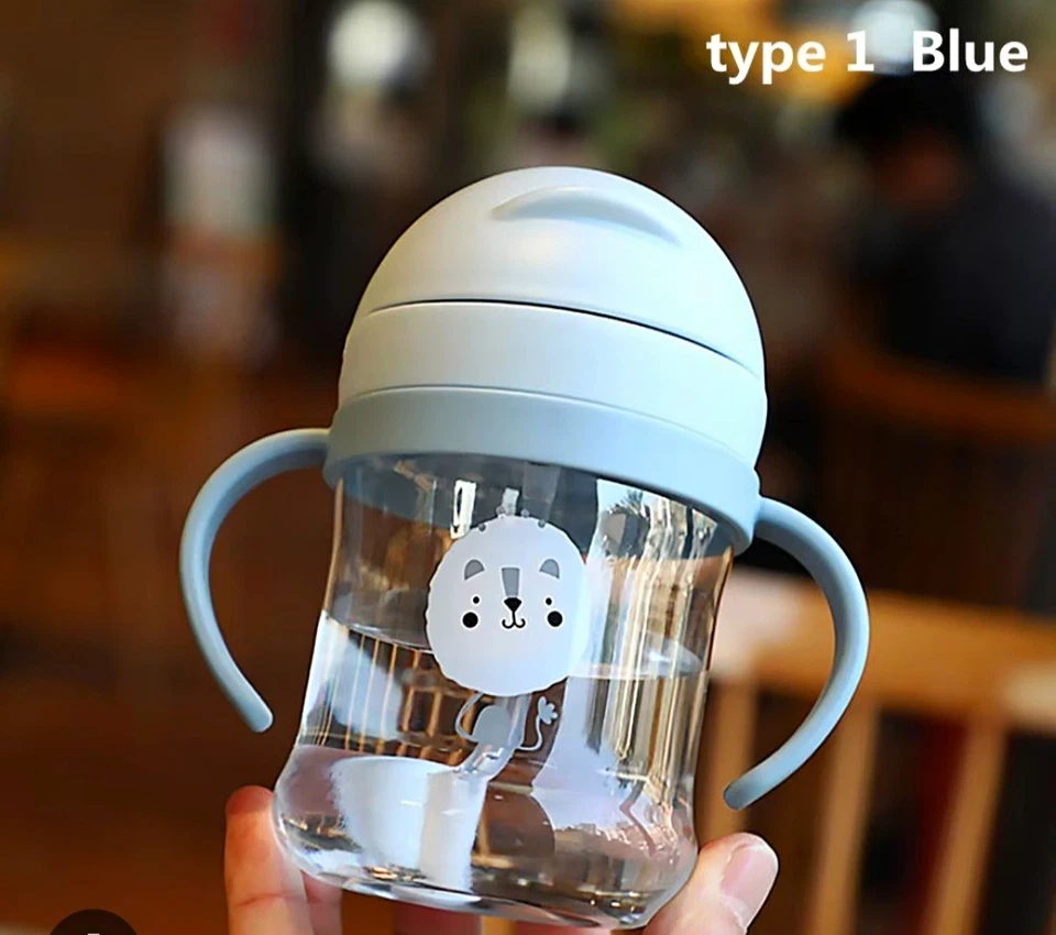 Blue/Clear Plastic Baby Sippy Training Cup, Straw Lid, Handles, 250ml