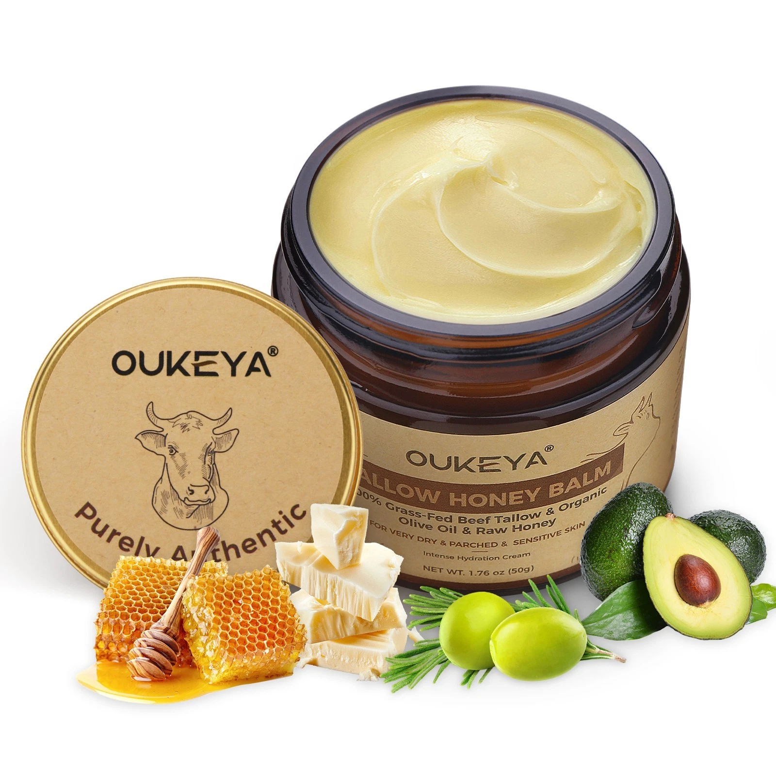 OUKEYA Organic Grass-Fed Beef Tallow Balm & Raw Honey Intense Moisturizing Cream
