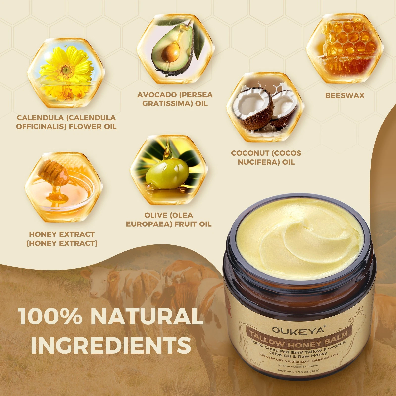 OUKEYA Organic Grass-Fed Beef Tallow Balm & Raw Honey Intense Moisturizing Cream thumbnail 2