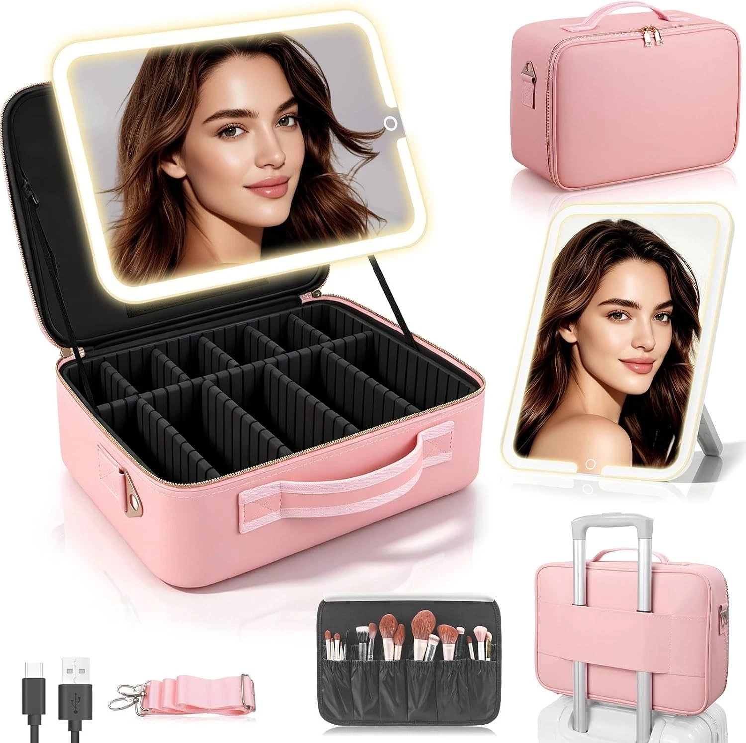 Large Travel Makeup Bag with LED Mirror, 3-Color Stepless Dimming Stand Mirror D
