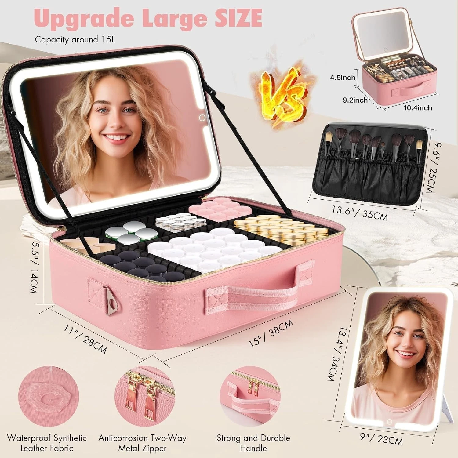 Large Travel Makeup Bag with LED Mirror, 3-Color Stepless Dimming Stand Mirror D thumbnail 3