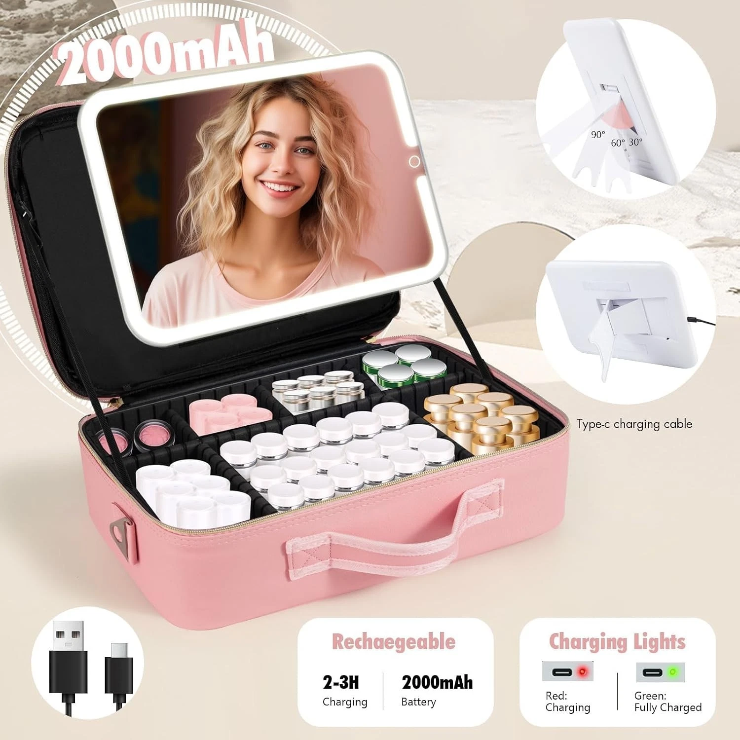 Large Travel Makeup Bag with LED Mirror, 3-Color Stepless Dimming Stand Mirror D thumbnail 4