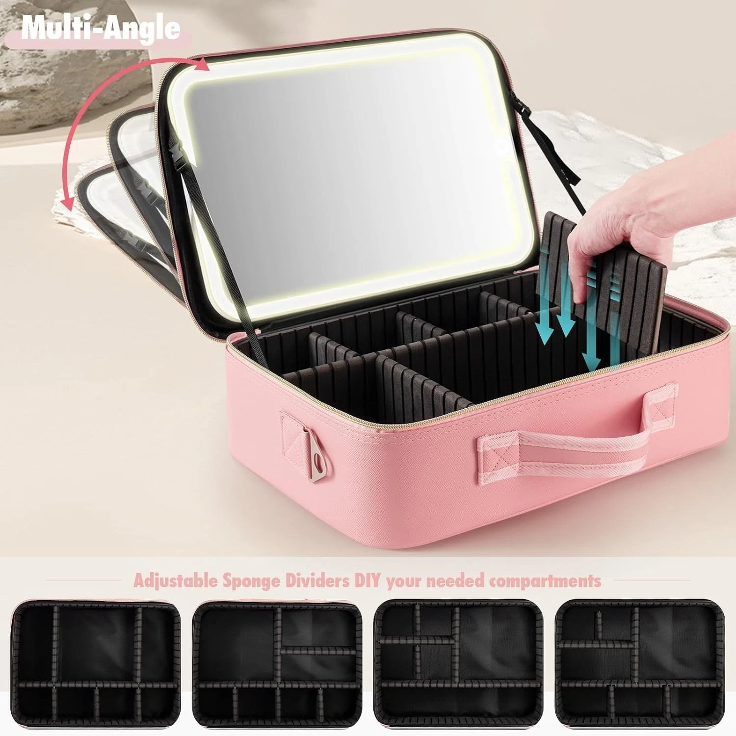 Large Travel Makeup Bag with LED Mirror, 3-Color Stepless Dimming Stand Mirror D thumbnail 5