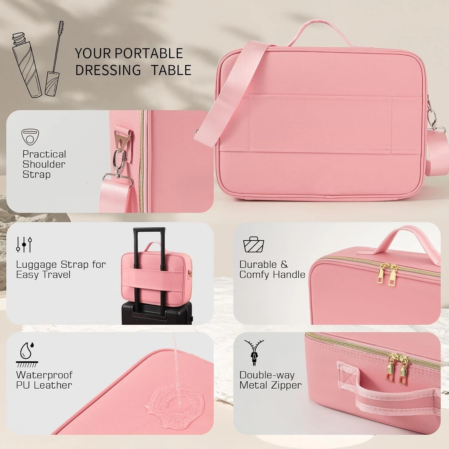 Large Travel Makeup Bag with LED Mirror, 3-Color Stepless Dimming Stand Mirror D thumbnail 6