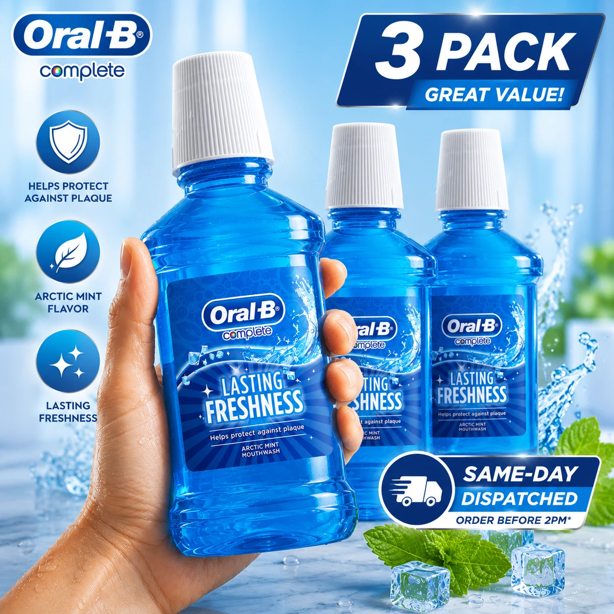 Oral-B Complete Lasting Freshness Mouthwash Arctic Mint 250 ml New -3 value pack thumbnail 2