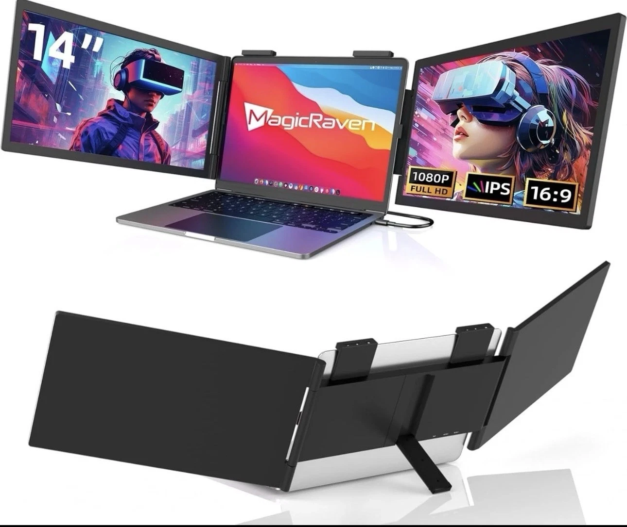 Laptop Screen Extender, 14" FHD 1080P IPS Triple Monitor Extender, Dual Portable