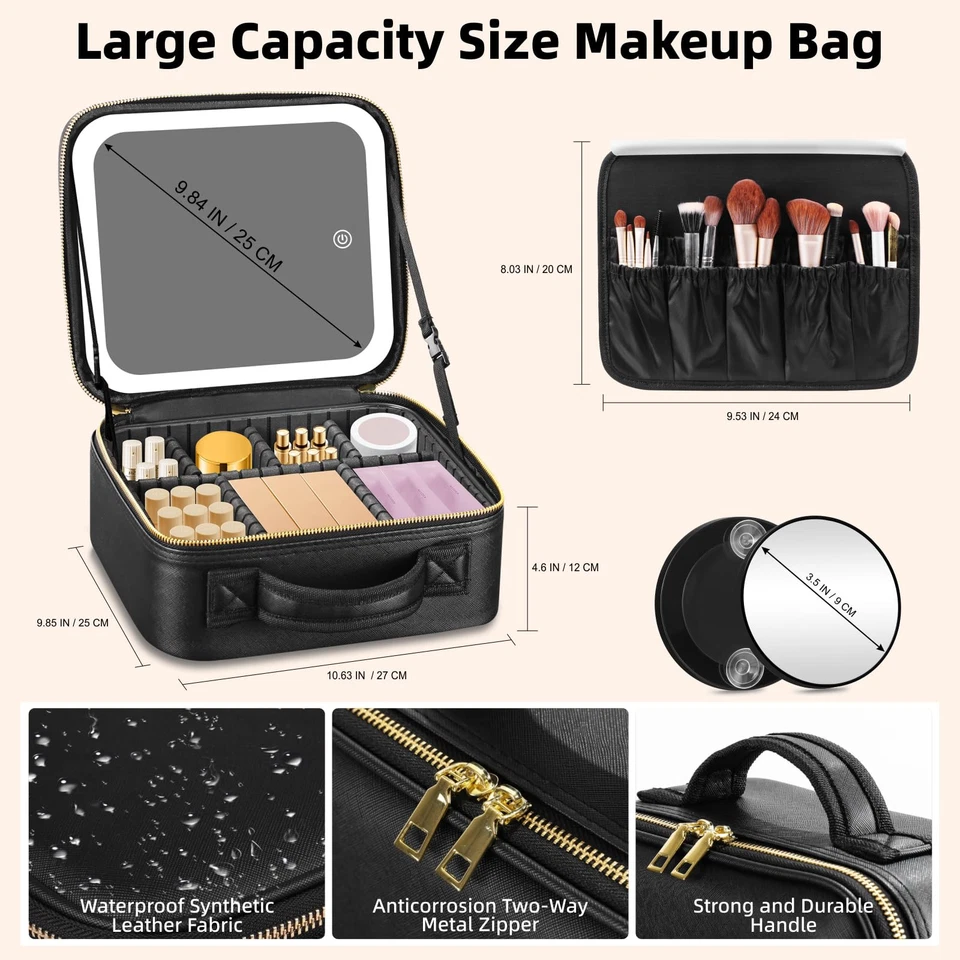 Travel Makeup Bag Cosmetic Bag Make up Organizer Bag with Large Lighted Mirror 3 thumbnail 2