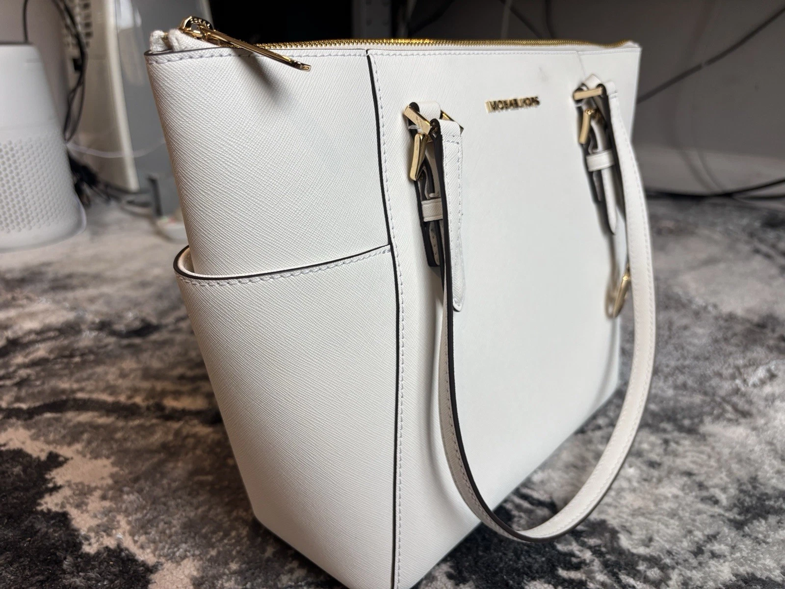 Michael Kors Large White Saffiano Leather Top-Zip Tote Bag thumbnail 3