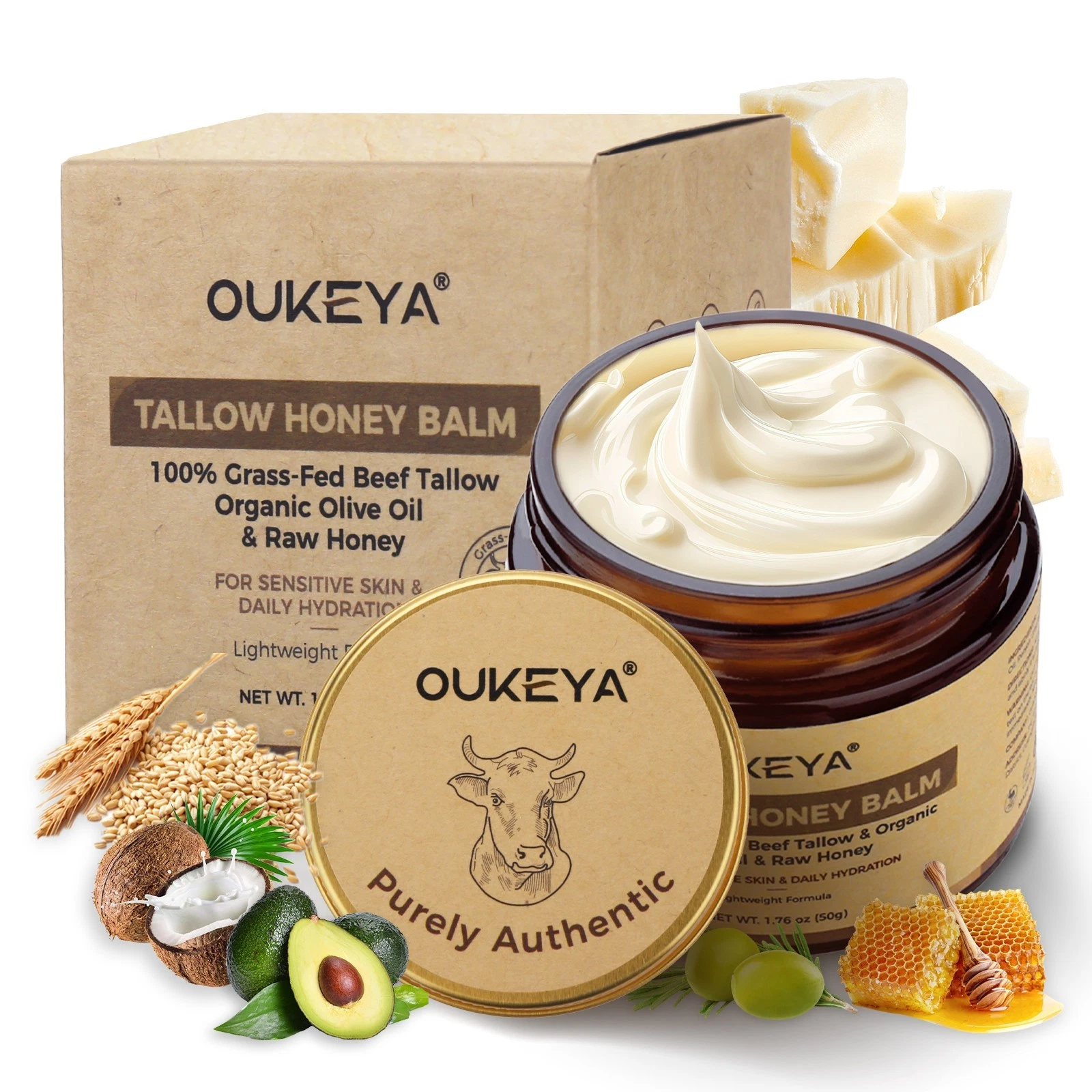 OUKEYA 100% Grass-Fed Beef Tallow Balm & Raw Honey Deep Moisturizing Face Cream