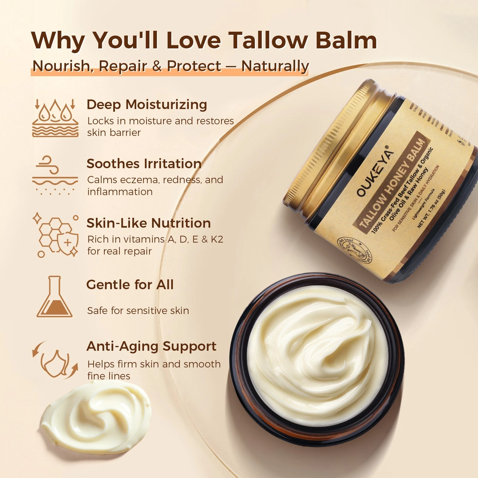 OUKEYA 100% Grass-Fed Beef Tallow Balm & Raw Honey Deep Moisturizing Face Cream thumbnail 3