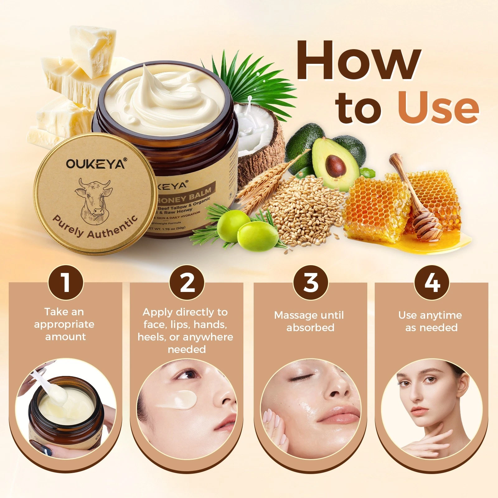 OUKEYA 100% Grass-Fed Beef Tallow Balm & Raw Honey Deep Moisturizing Face Cream thumbnail 4