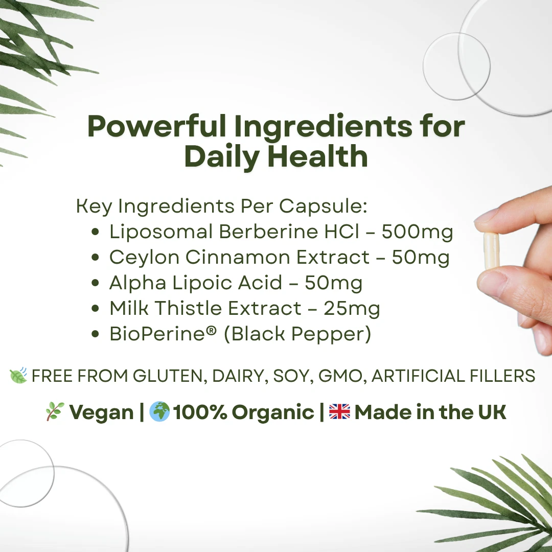 Liposomal Berberine 98% HCL 500mg + Ceylon Cinnamon, ALA, Milk Thistle UK MADE thumbnail 3