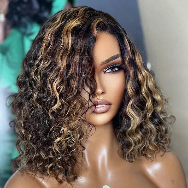 Women Human Hair Wig Glueless Lace Front Highlight Honey Blonde Short Wigs UK thumbnail 2
