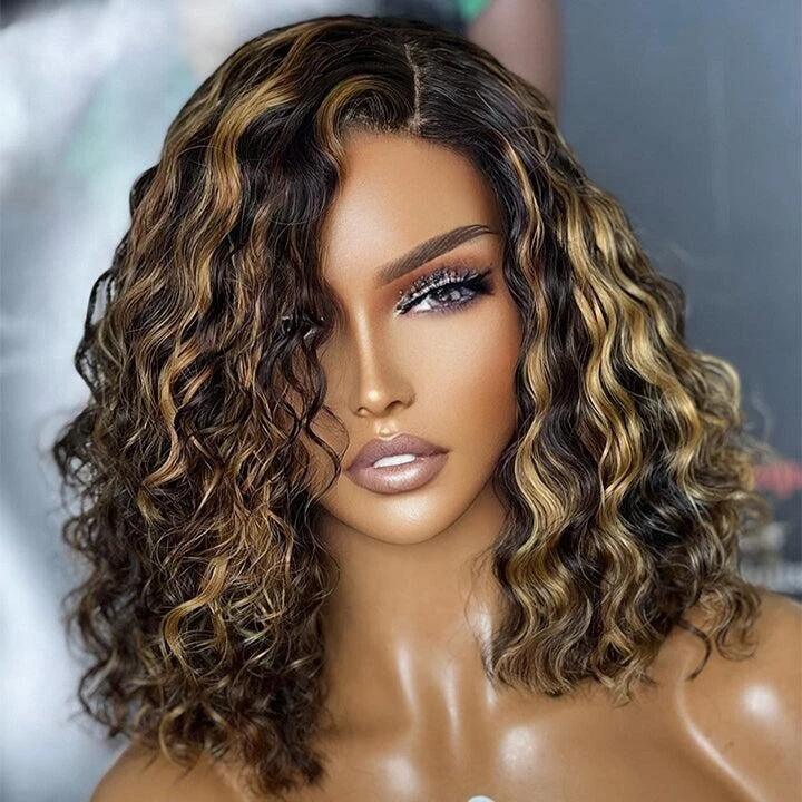 Women Human Hair Wig Glueless Lace Front Highlight Honey Blonde Short Wigs UK thumbnail 3
