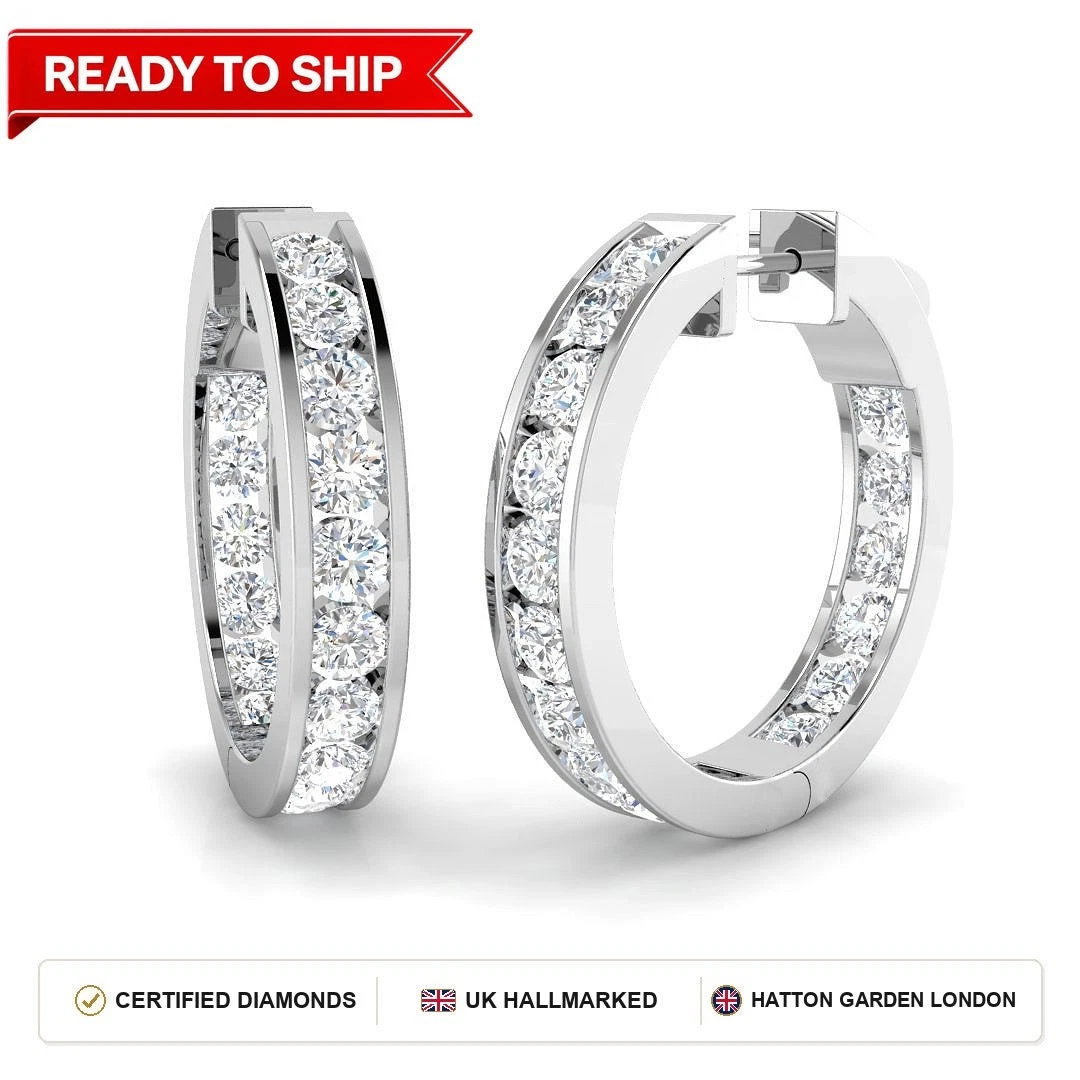 3 Carat D-E/VS Lab Grown Diamond Hoops Earring 9k White Gold Ready To Ship