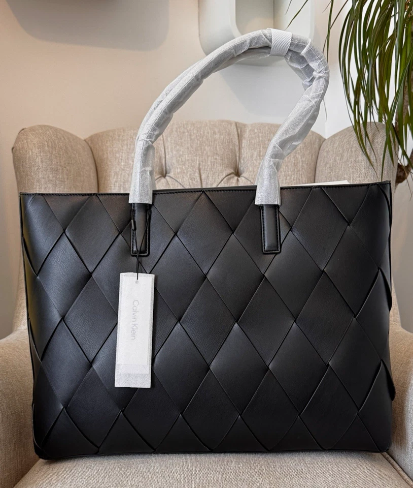 Calvin Klein CK Woven Medium Shopper Tote Bag Black Magnetic, Dust Bag