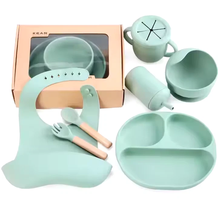 Set of 8 Silicone Baby Feeding Set Led Weaning Supplies BPA Free Self Eating New (Green) thumbnail 6