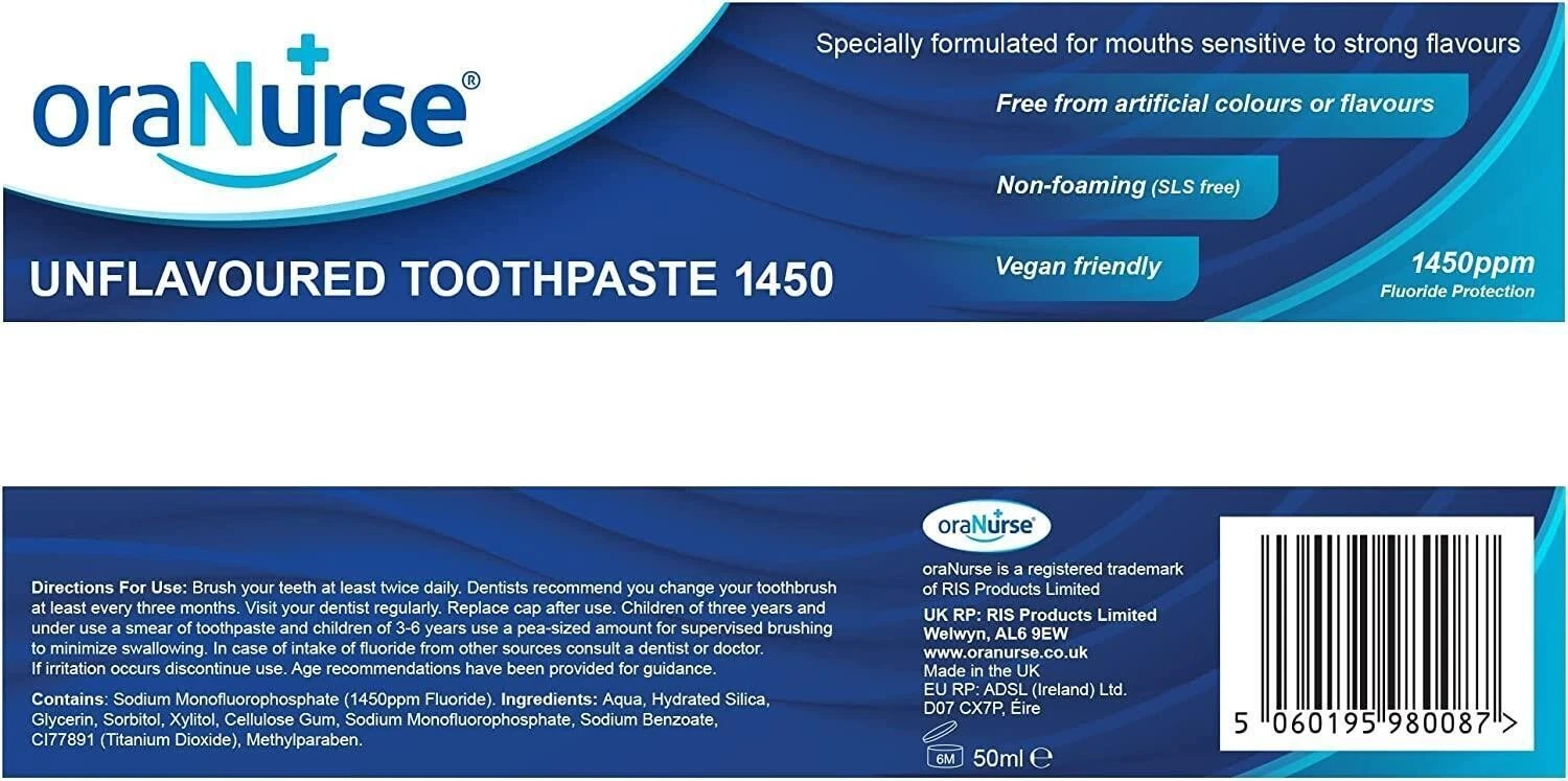 Pack of 2 OraNurse Unflavoured Toothpaste - 50ml - Vegan Friendly SLS Free thumbnail 3