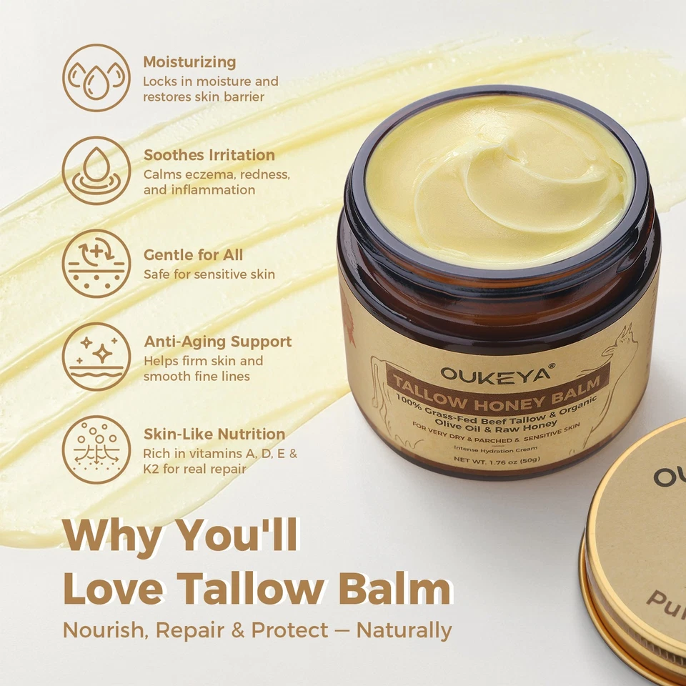 Organic 100% Grass-Fed Beef Tallow Balm with Raw Honey Moisturizing Cream thumbnail 4