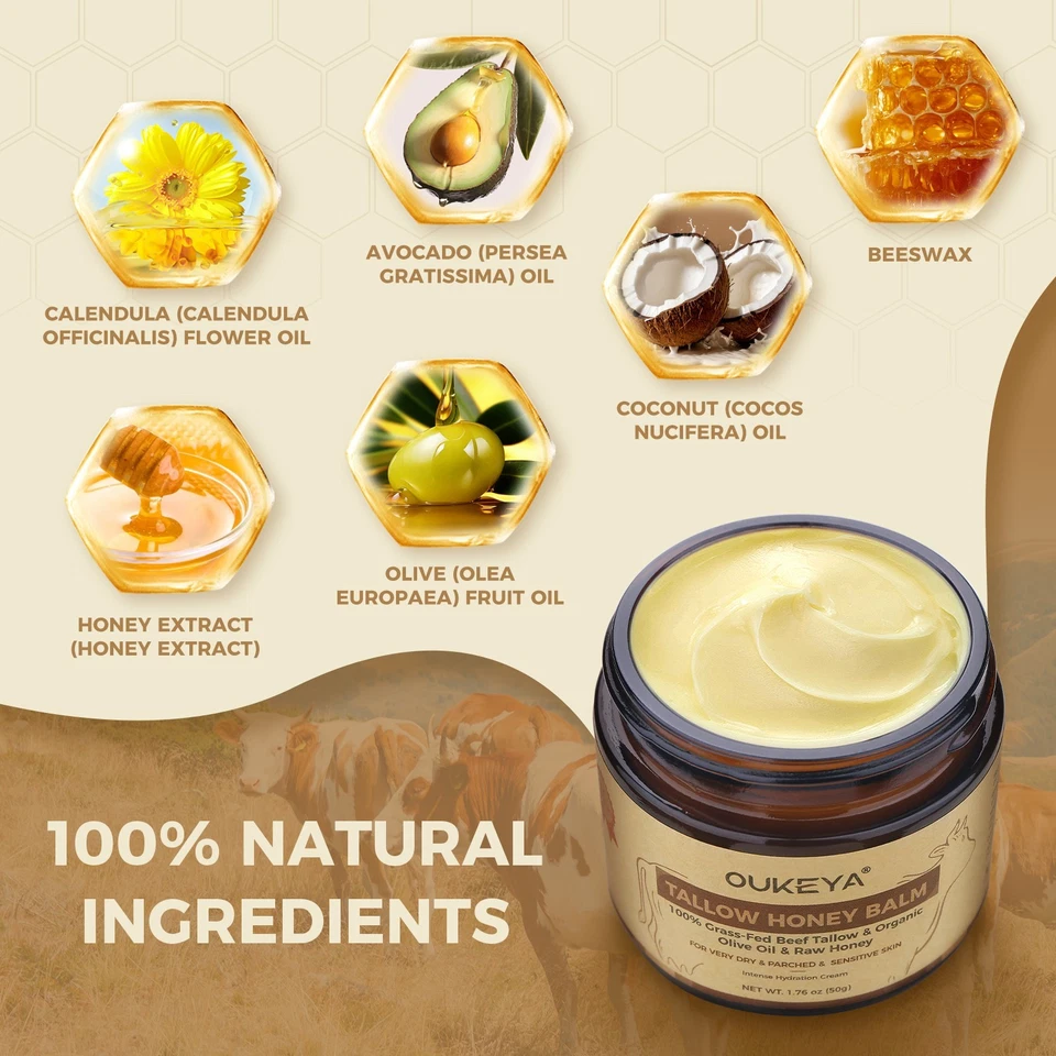 Organic 100% Grass-Fed Beef Tallow Balm with Raw Honey Moisturizing Cream thumbnail 5
