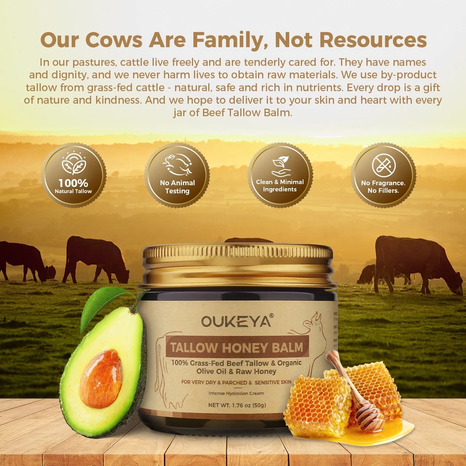 Organic 100% Grass-Fed Beef Tallow Balm with Raw Honey Moisturizing Cream thumbnail 6