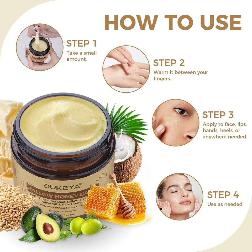 Organic 100% Grass-Fed Beef Tallow Balm with Raw Honey Moisturizing Cream thumbnail 8