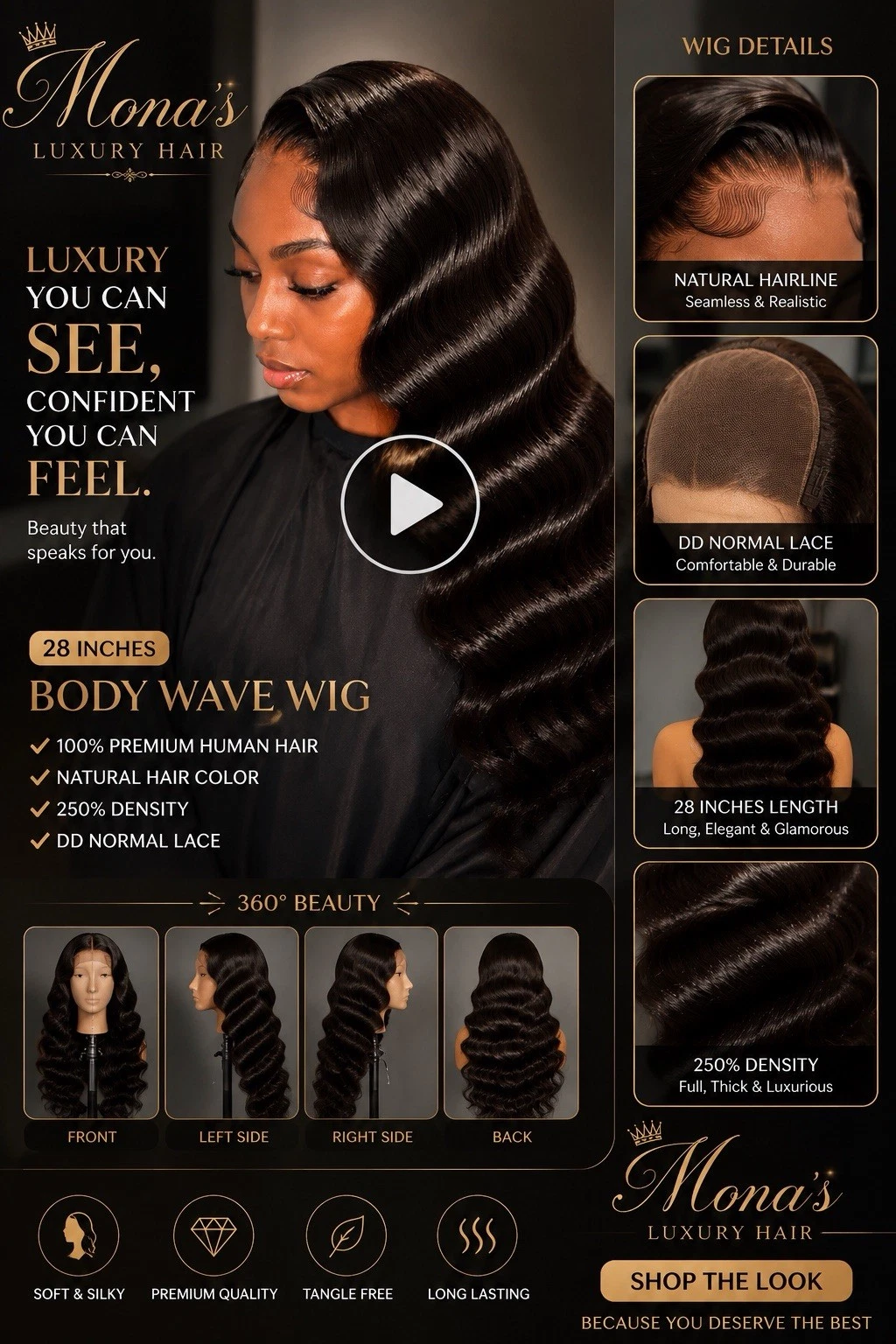 13x4 gluelless Lace Front DD Body Wave Human Hair Wig 250% Density,Natural Black thumbnail 5