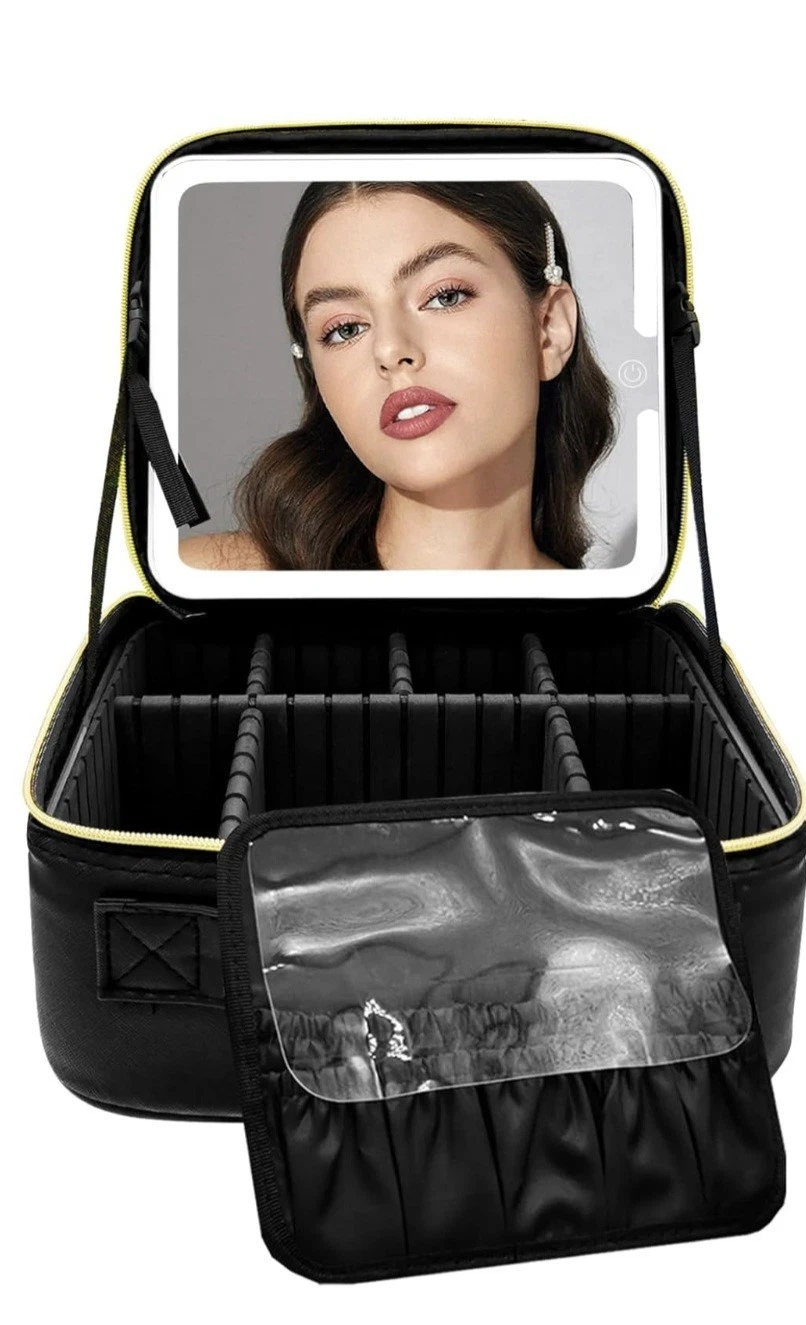 Travel Makeup Bag with LED Mirror, Makeup case, Makeup Mirror 3-Color (Black)