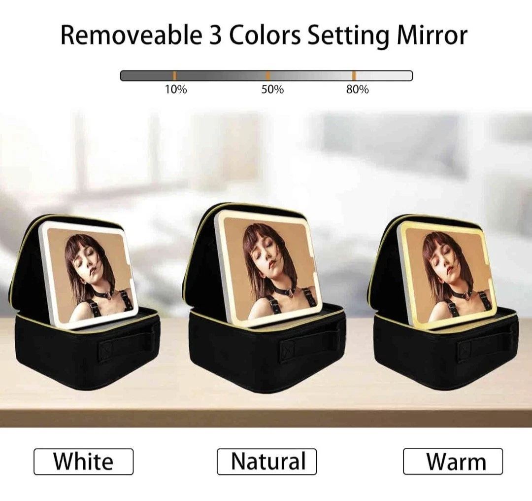Travel Makeup Bag with LED Mirror, Makeup case, Makeup Mirror 3-Color (Black) thumbnail 3