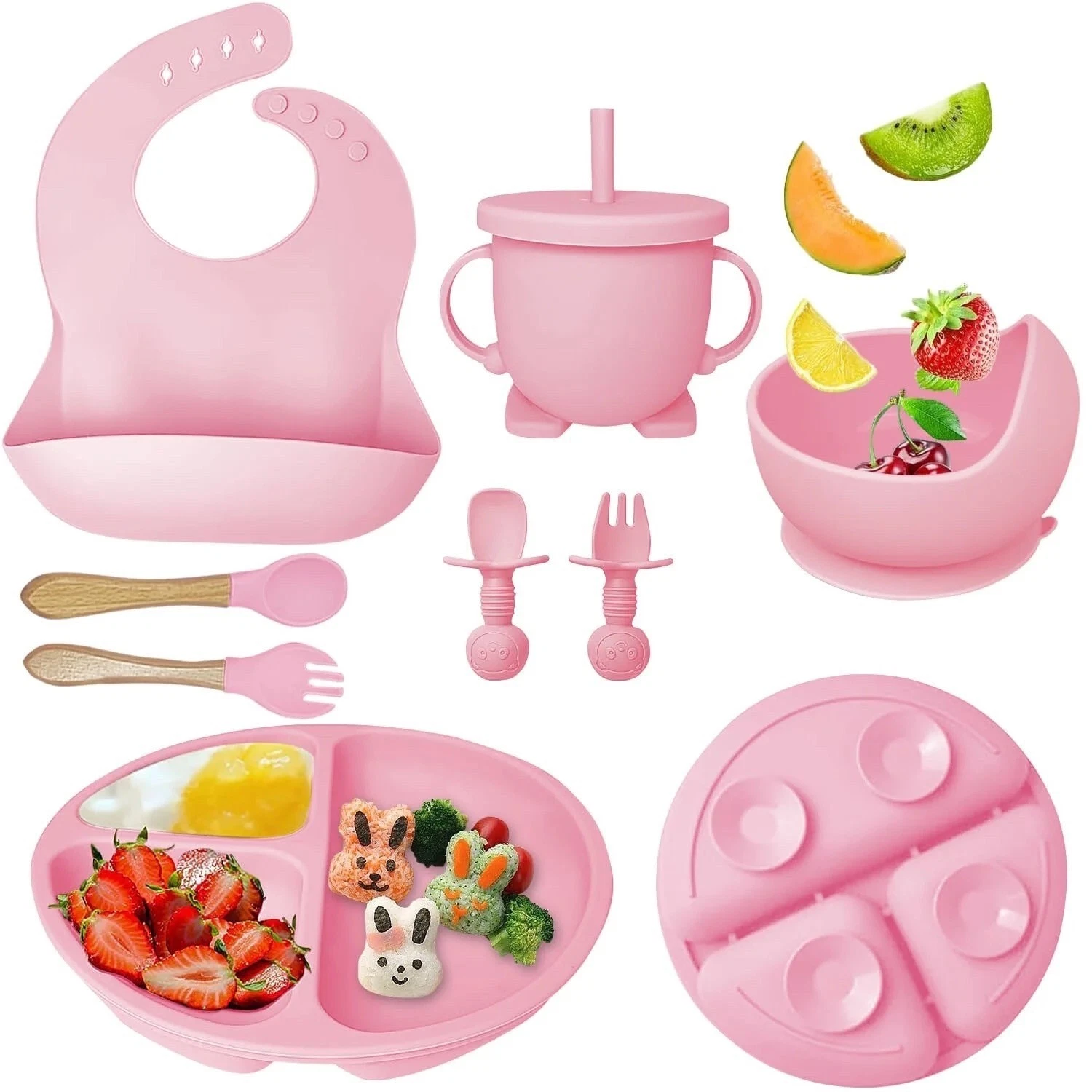Set of 8 Silicone Baby Feeding Set Led Weaning Supplies BPA Free Self Eating New (Pink)
