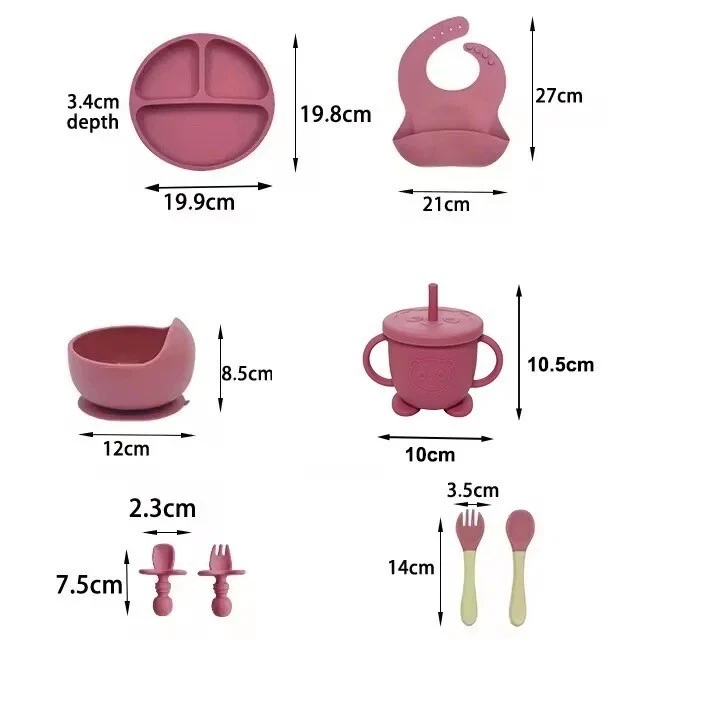Set of 8 Silicone Baby Feeding Set Led Weaning Supplies BPA Free Self Eating New (Pink) thumbnail 2