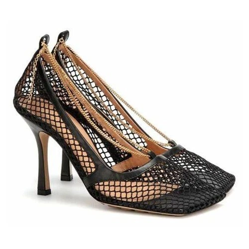 Bottega Veneta Womens Black Mesh Leather Square Toe Gold Chain Sandals Shoes 39