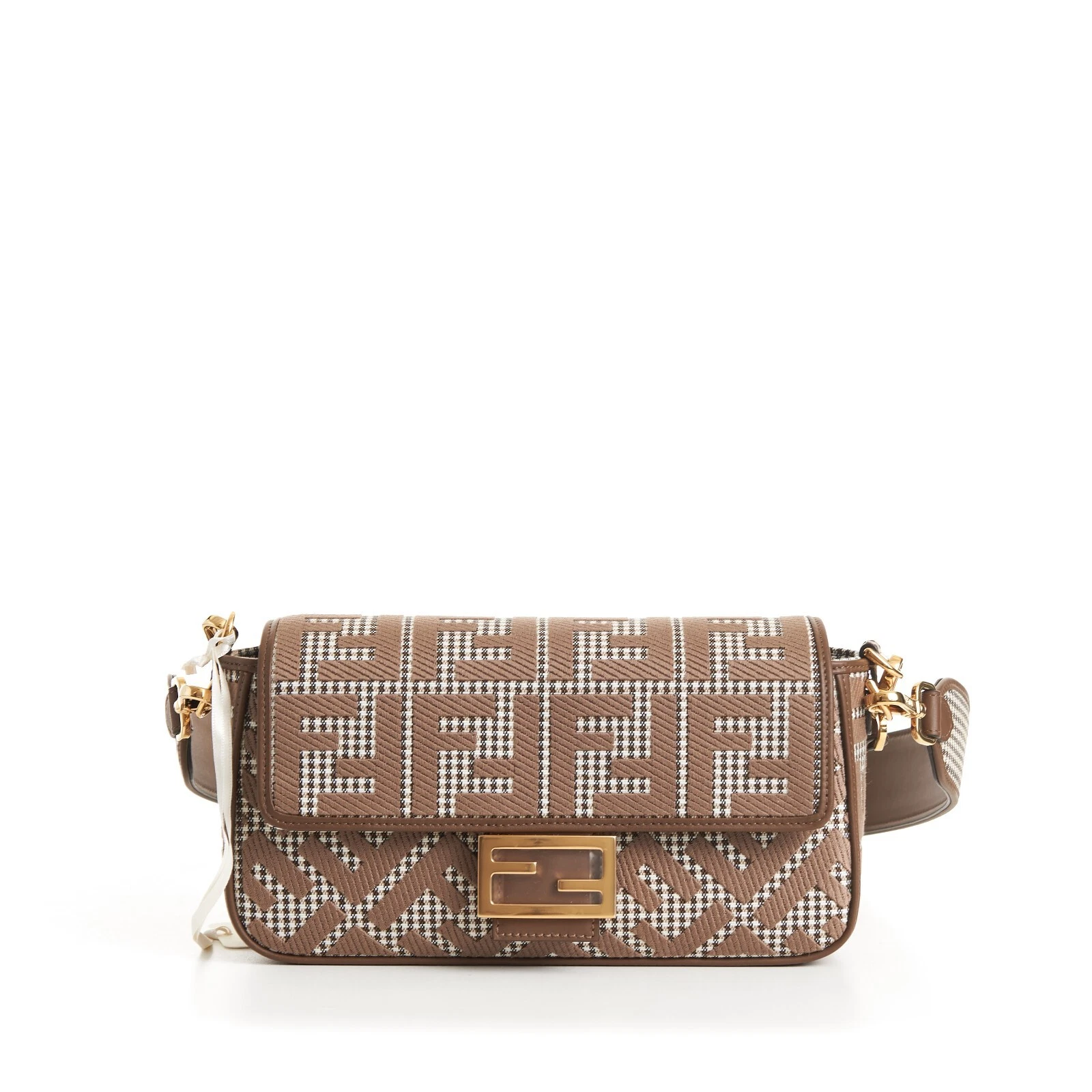 FENDI Medium Baguette - Brown Houndstooth Wool Bag With FF Embroidery