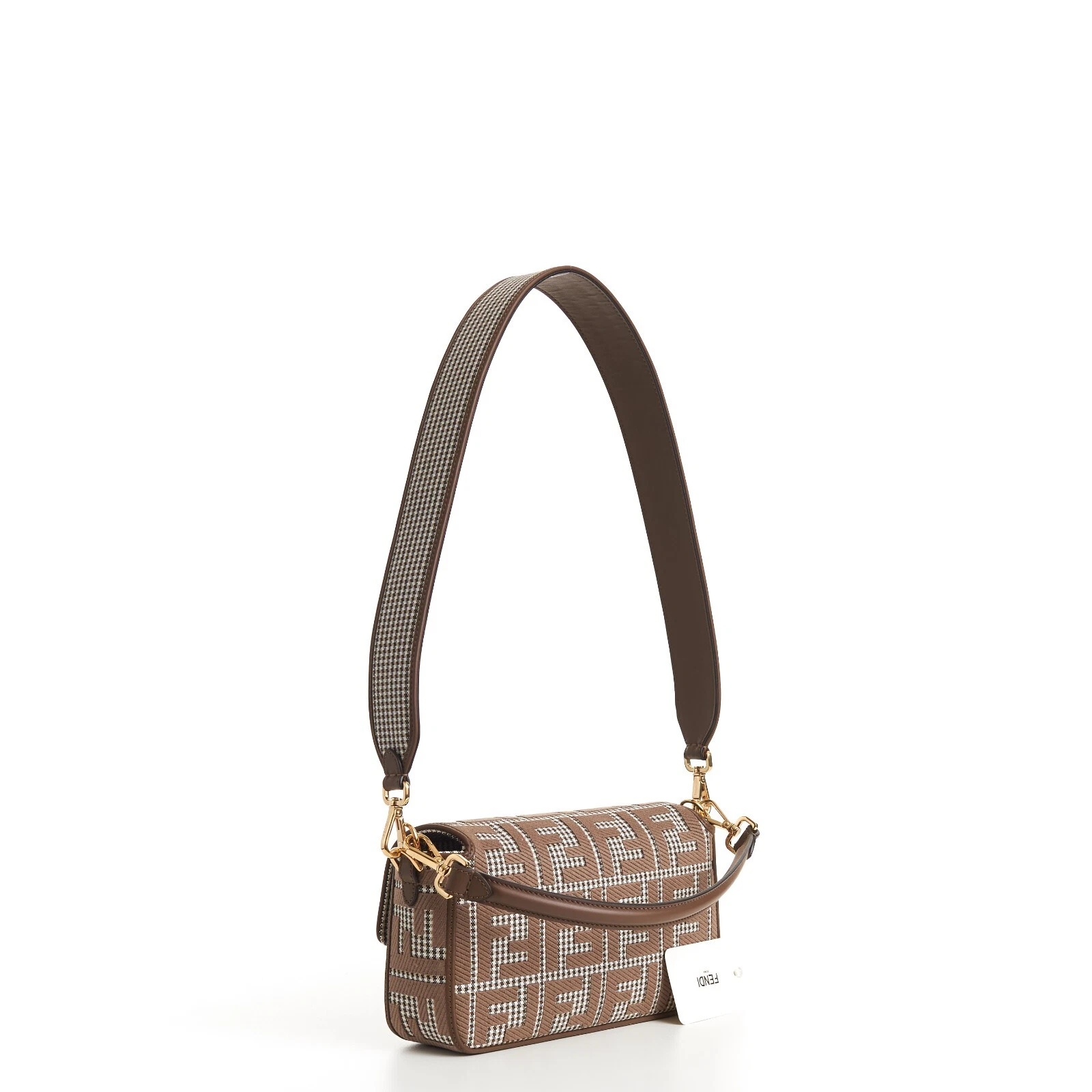 FENDI Medium Baguette - Brown Houndstooth Wool Bag With FF Embroidery thumbnail 10