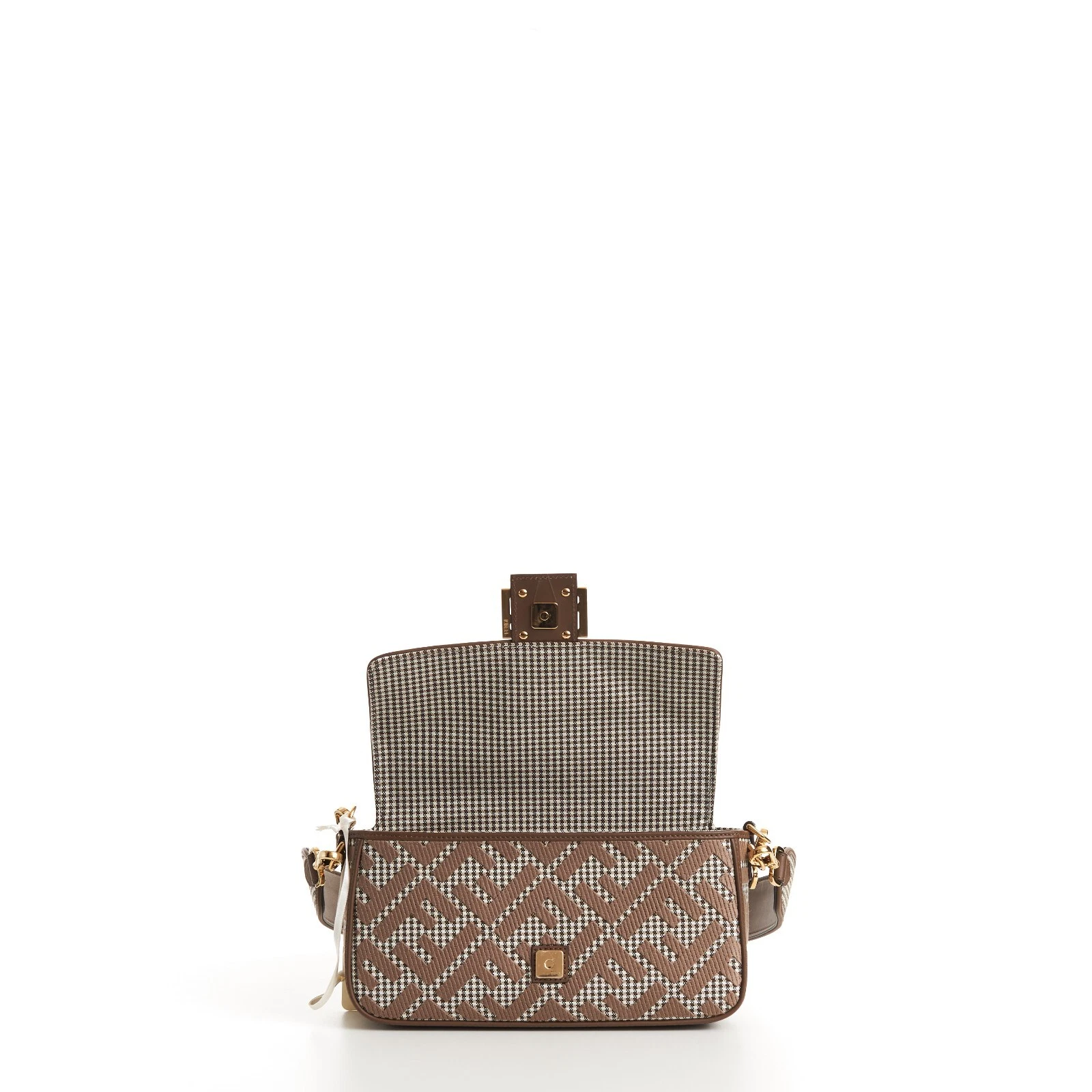 FENDI Medium Baguette - Brown Houndstooth Wool Bag With FF Embroidery thumbnail 12