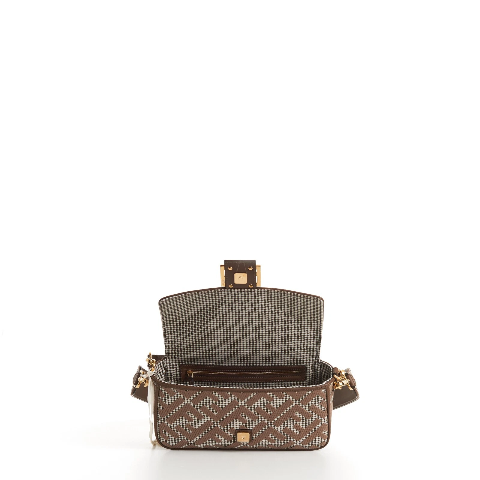 FENDI Medium Baguette - Brown Houndstooth Wool Bag With FF Embroidery thumbnail 13